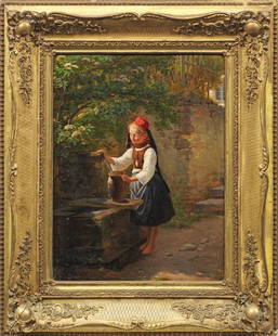 Johann Georg Meyer von Bremen: (1813 Bremen - 1886 Berlin) Bauernmädchen am Brunnen In Motiv und Stil für Johann Georg Meyer von Bremen charakteristisches, feinmalerisch ausgeführtes Werk mit stimmungsvoller