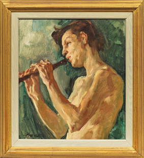 Lotte Laserstein: (1898 Preußisch-Holland - 1993 Kalmar/Schweden) Männlicher Halbakt, Flöte spielend Im schwedischen Exil, in den späten 1940er Jahren oder in den 1950er Jahren entstanden, strahlt d