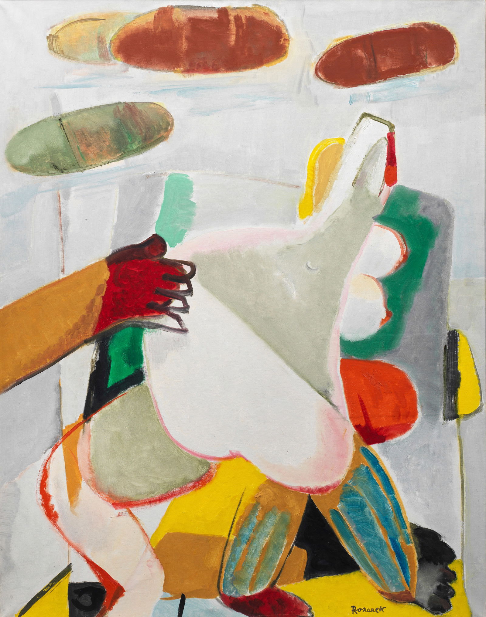 Eleonora Rozanek: (1896 Prag - 1987 München) "Sonntag" aus dem Zyklus "Das tägliche Brot". Originaltitel Flächig angelegte, abstrahierte Komposition mit figurativen Elementen und Brotlaiben in hellem, ko