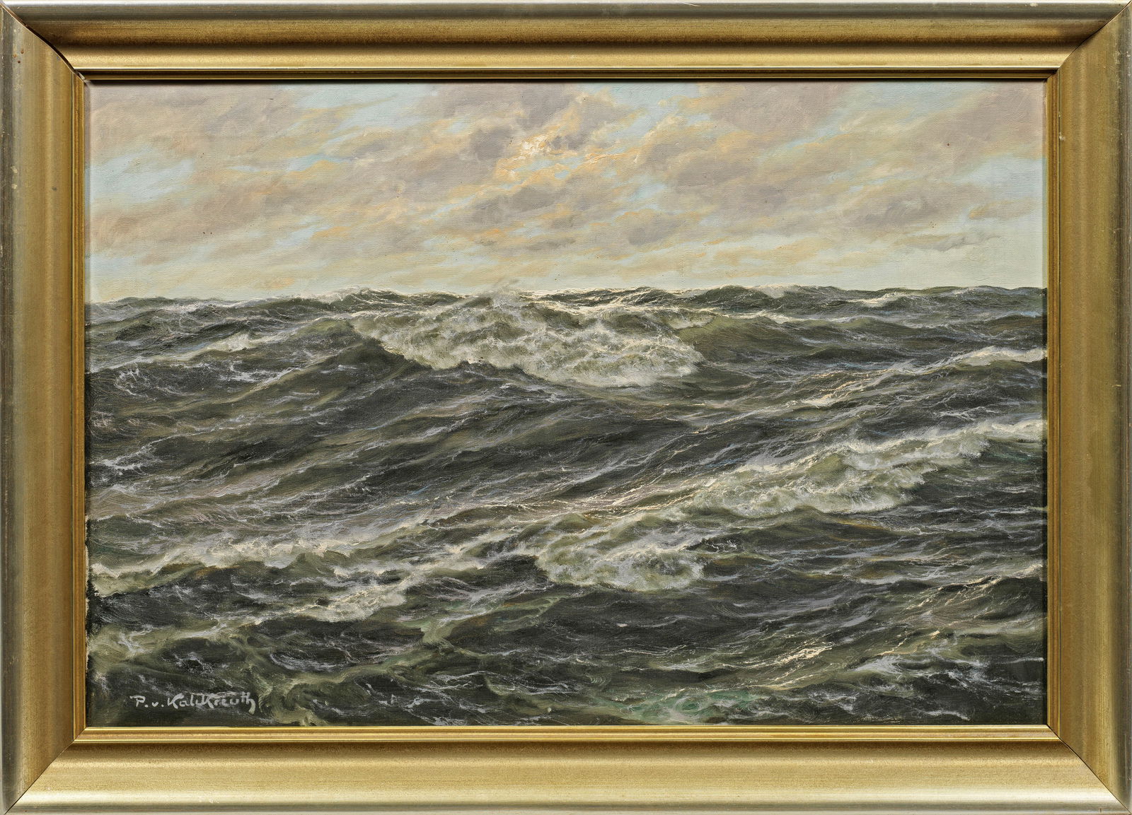 Patrick von Kalckreuth: (1892 Kiel - 1970 ebenda) Wellengang Charakteristisches, atmosphärisch gestimmtes Werk des bekannten Marinemalers, der mit großer Meisterschaft und Vorliebe nicht nur Schiffe, sondern auch i