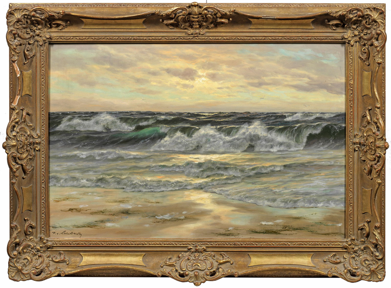 Patrick von Kalckreuth: (1892 Kiel - 1970 Starnberg) Küstenlandschaft mit an den Strand brandenden Wellen Charakteristisches Werk des bekannten Marinemalers, der in Düsseldorf und Berlin tätig war. Bekannt mac