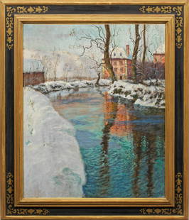 Charles Hilbert Dufour: (Tätig 19./20. Jh. in Frankreich) Verschneite Flusslandschaft In stimmungsvollem Licht und impressionistischem Duktus gemalte Winterlandschaft nach einem Motiv von Frits Thaulow (1847 - 1906).