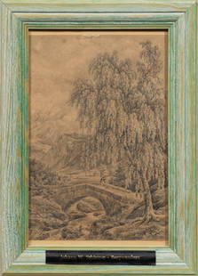 Johann Wilhelm Schirmer: (1807 Jülich - 1863 Karlsruhe) attr.; Die Wanderung Detailreiche, naturgetreue Darstellung eines Wanderers in felsiger Gebirgslandschaft, der gerade einen reißenden Wildbach auf einer steine