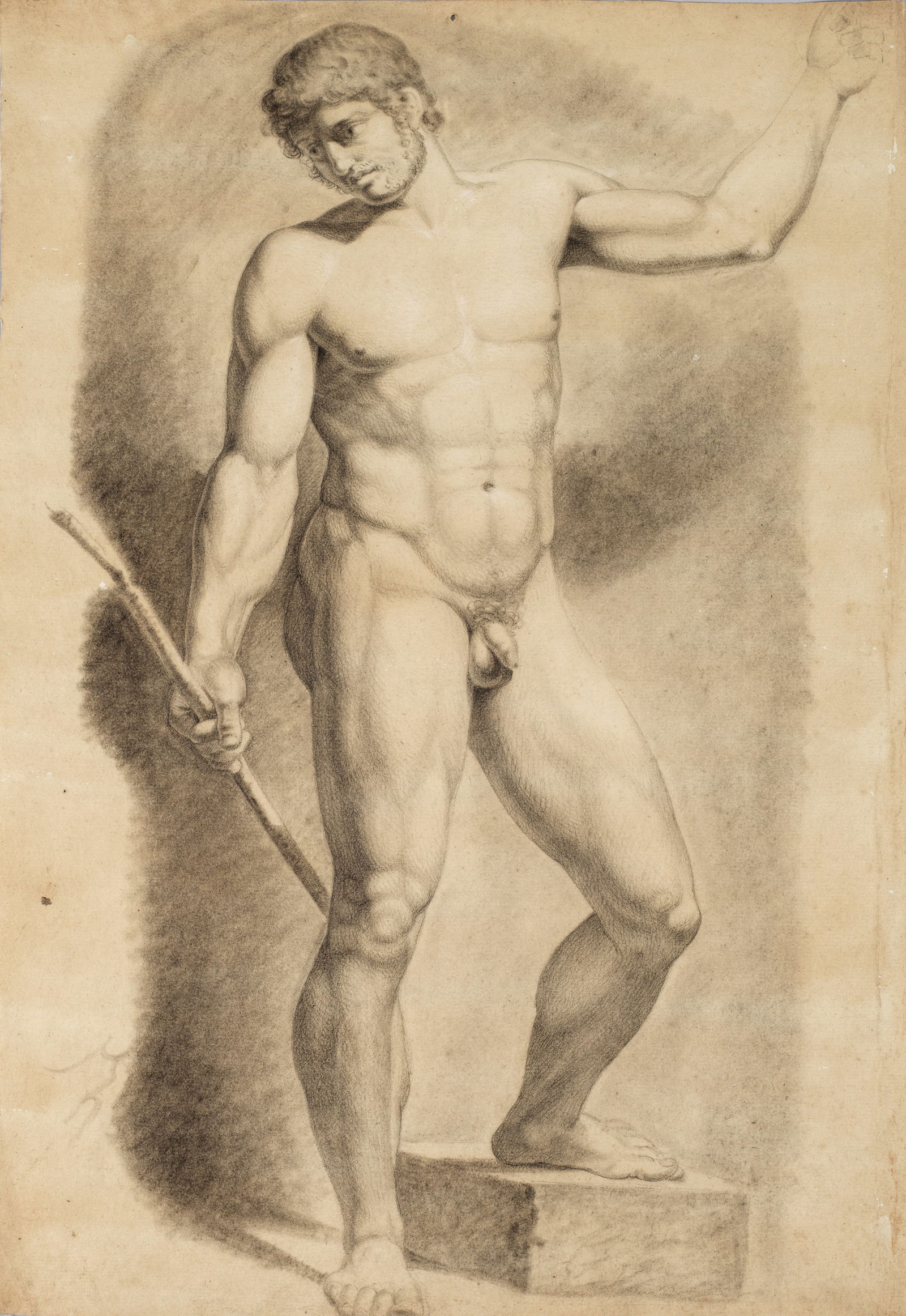 Johann Heinrich Beck: (1788 Dessau - 1875 ebenda) Aktstudie eines jungen, bärtigen Mannes mit Stock Um 1814 entstandene, klassizistische Zeichnung Becks in der Tradition von Anton Raphael Mengs (1728 - 1779) mit subti