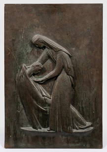 Arno Breker: (1900 Elberfeld - 1991 Düsseldorf) Relief "Die Speisung der Armen". Originaltitel Bronze, dunkel patiniert, 1953. Sign.; Straff stilisierte Darstellung einer stehenden Nonne bzw. Heiligen (Elisabeth