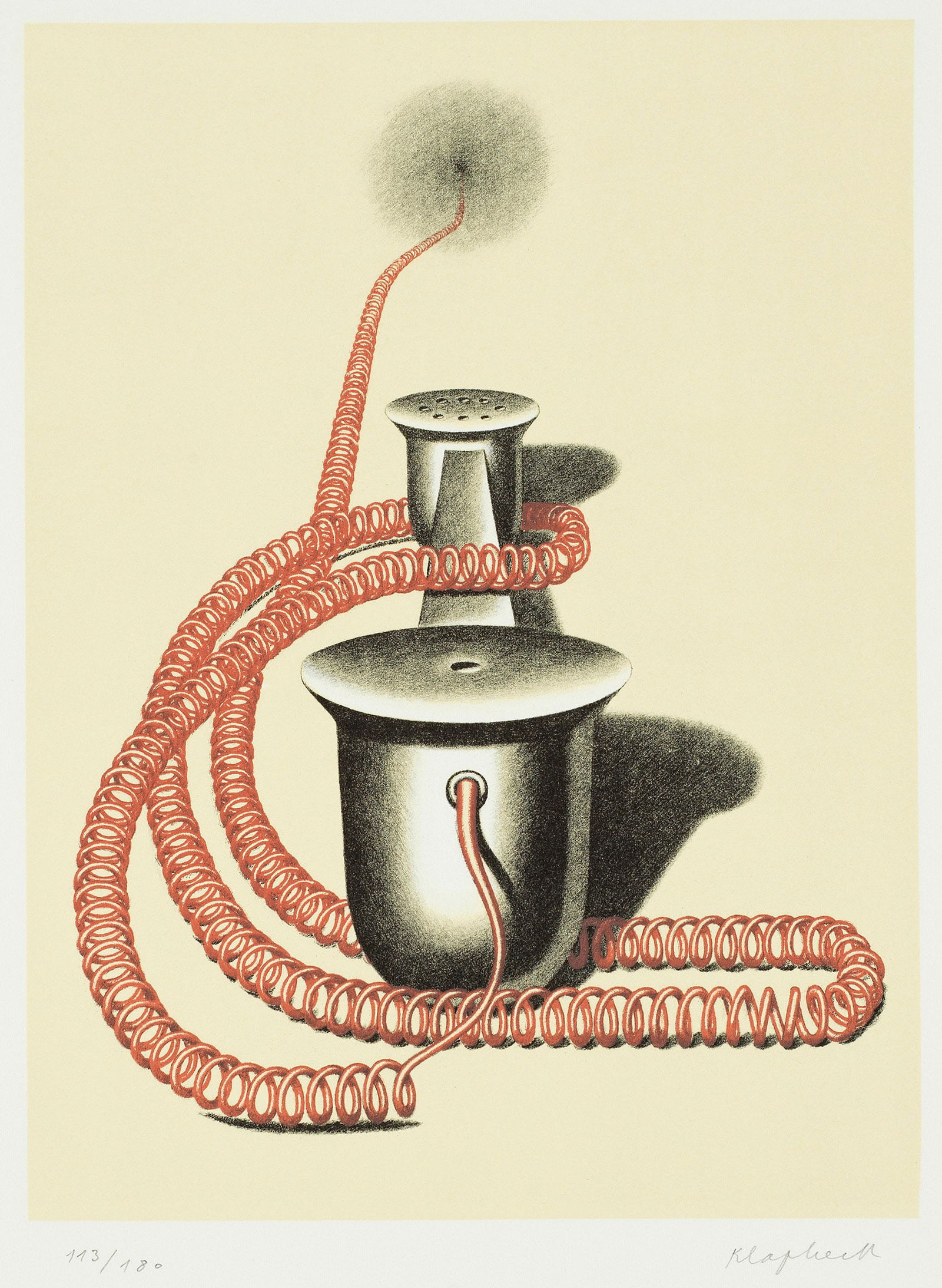 Konrad Klapheck: (1935 Düsseldorf - 2023 ebenda) "Der Auserwählte". Originaltitel Farblithographie/Papier, 1981/82. Im Unterrand sign. und nummeriert 113/180. Hrsg. Galerie Aimé Maeght, Paris, für die Jubiläumsau