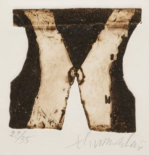 Emil Schumacher: (1912 Hagen/Westfalen - 1999 San José/Ibiza) Ohne Titel Aquatintaradierung mit Prägedruck/Velin. 1970. Sign. und nummeriert 22/35. Darstellung 12 cm x 12,3 cm. Blatt ca, 35,5 cm x 25 cm. Rahmen. Aqu