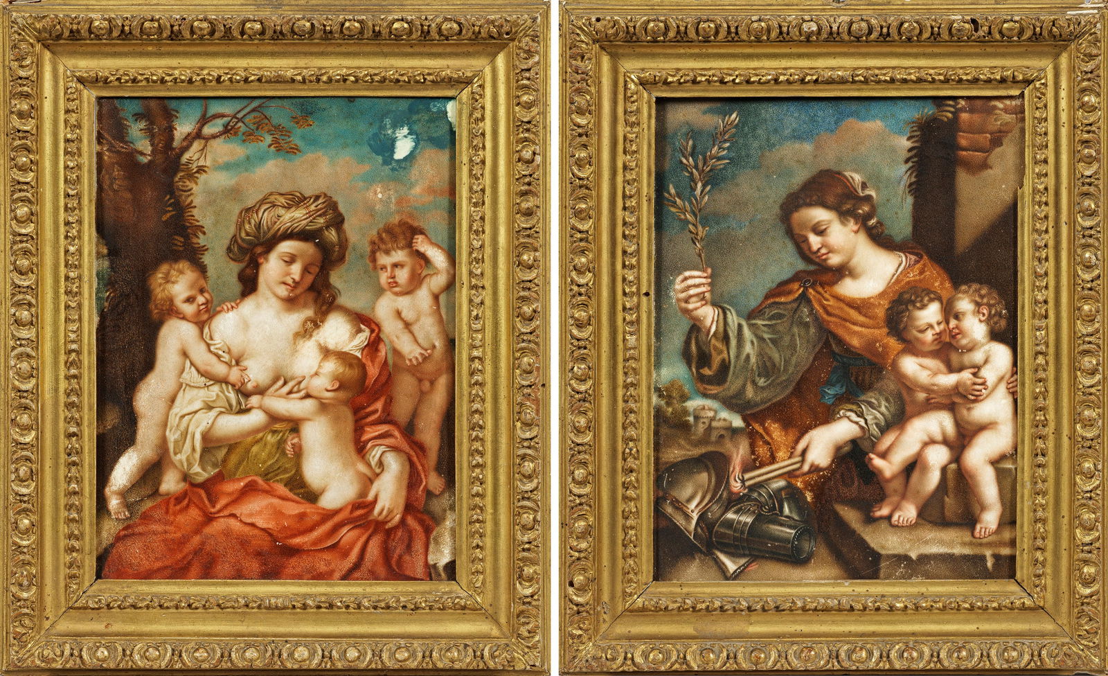 Cesare Gennari: (1637 Cento - 1688 Bologna) nach Paar Miniaturbildnisse mit Darstellung der Allegorie des Friedens sowie der Allegorie der Nächstenliebe Gegenstücke. Vor baum- und architekturbestandenen Landschafte