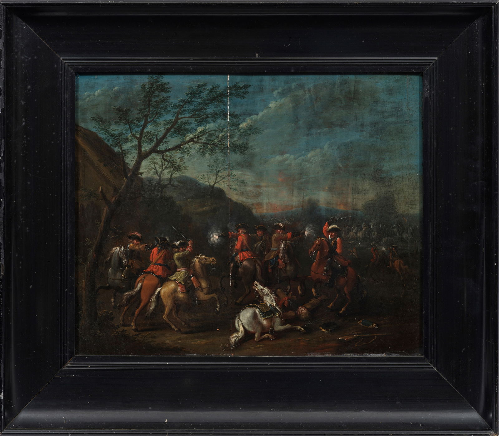 Karel Breydel gen. "Le Chevalier" (oder "Cavalier"): (1678 Antwerpen - 1733 ebenda) attr.; Reiterschlacht In fein lasierender Malweise ausgeführte, für Breydel motiv- und stiltypische Darstellung. Beachtenswert sind die in ihrer Bewegung lebendig wied