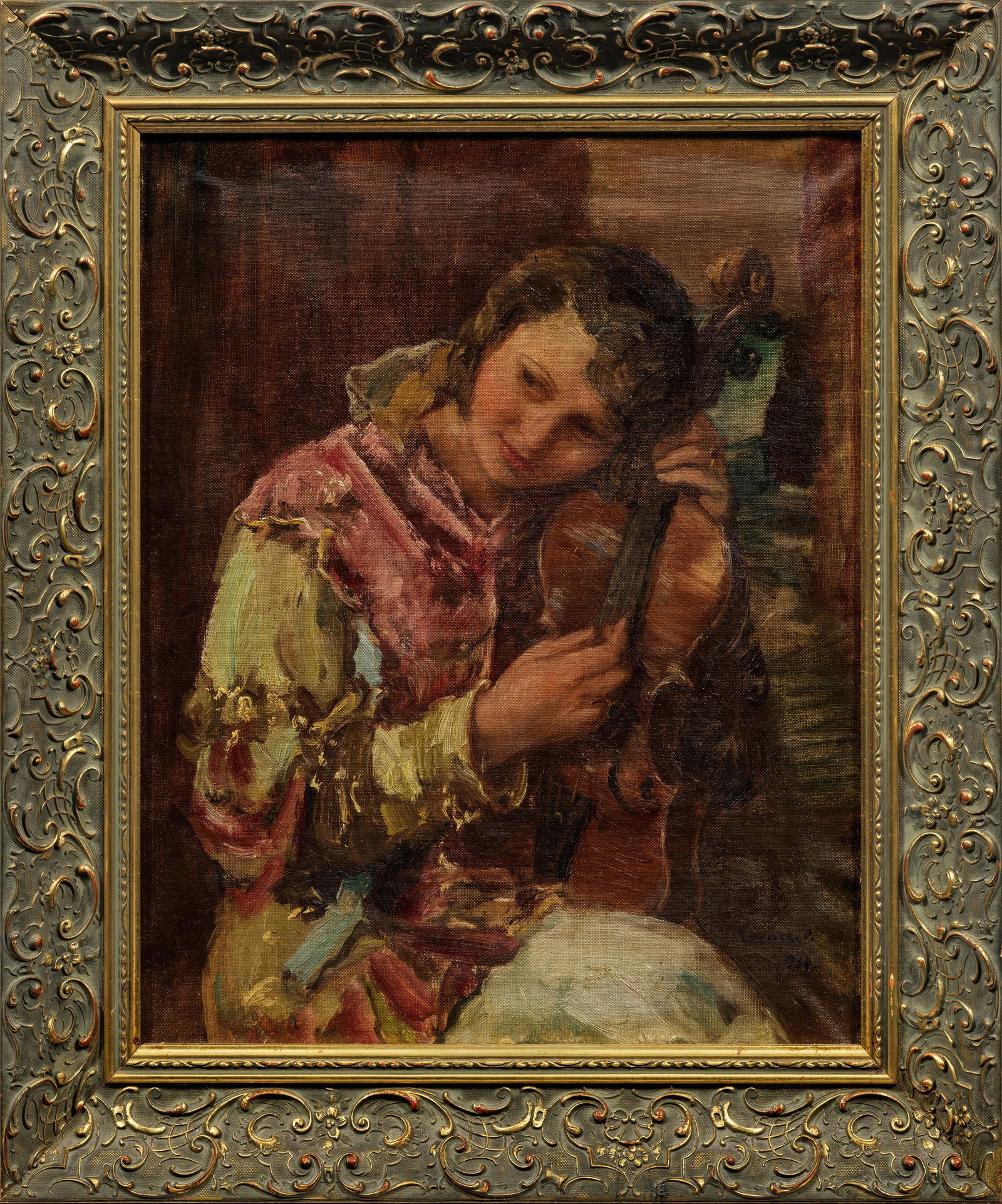 Janos Czencz: (1885 Ostffyasszonyfa - 1960 Szekszárd/Ungarn) Mädchen beim Stimmen ihrer Violine Wohl in den 1930 Jahren entstandenes Bildnis des ungarischen Malers, der 1907-1919 an der Akademie in Budapest studi