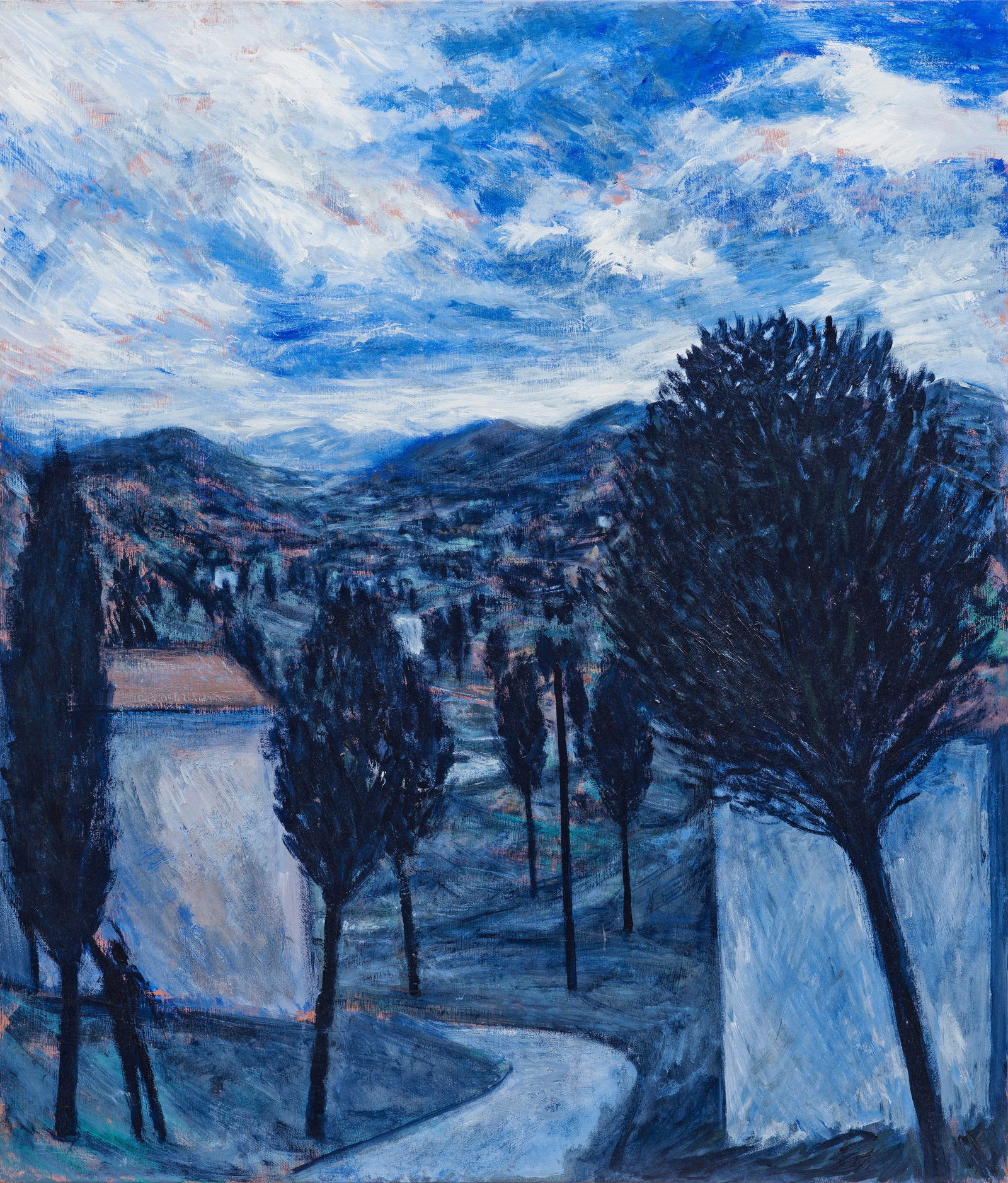 Marco Neri: (Geb. 1968 Forli/Italien. Lebt u. arbeitet in Torriana/Rimini) "A Sostegno degli Alberi" (Zur Unterstützung der Bäume). Originaltitel Hügelige Landschaft mit zahlreichen Bäumen, dabei links vorne