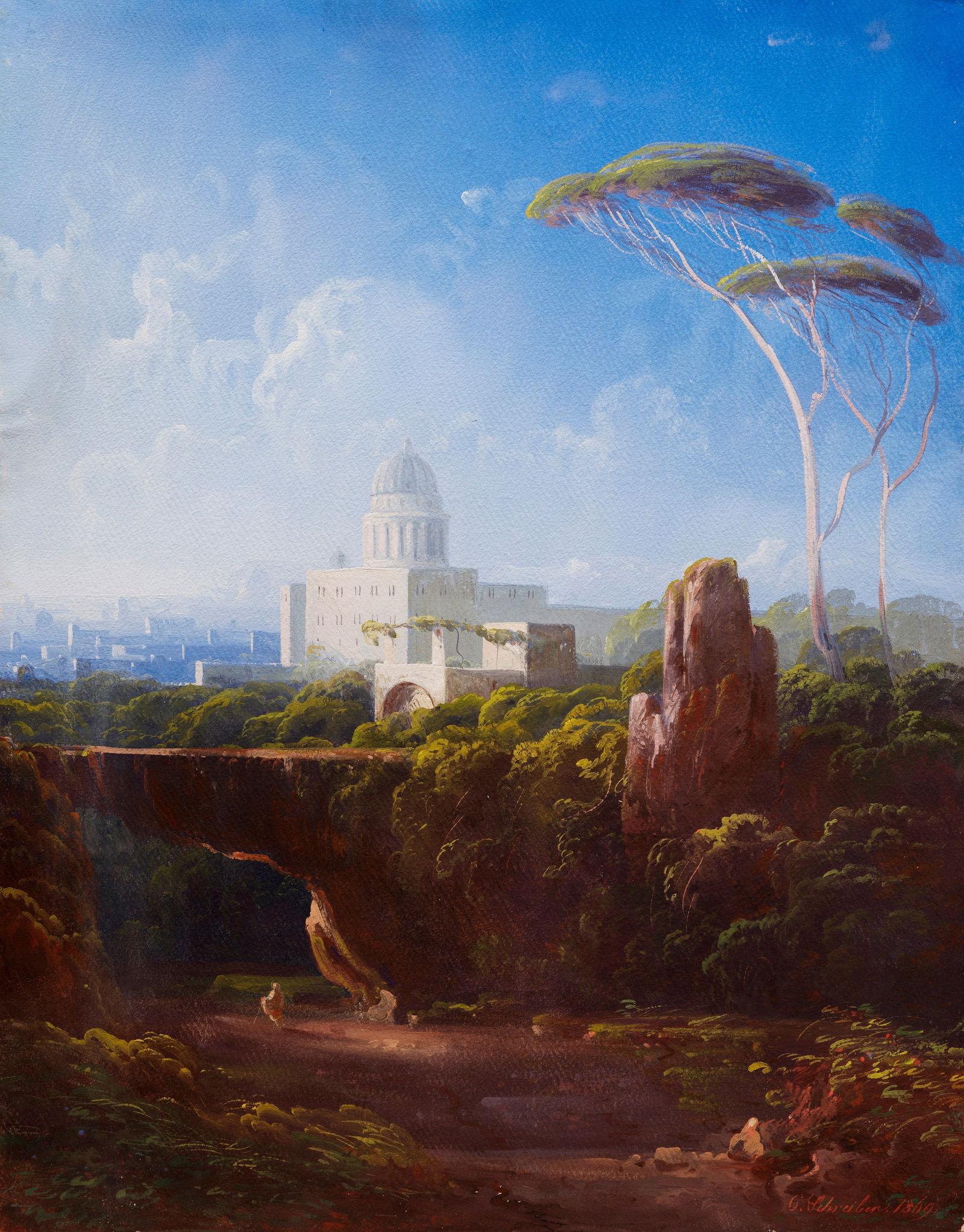 Peter Conrad Schreiber: (1816 Fürth - 1894 Nürnberg) Römische Landschaft mit Blick auf den Petersdom In leuchtendem Kolorit und effektvoller Licht- und Schattenführung geschilderte, sommerliche Impression, in der Schreib