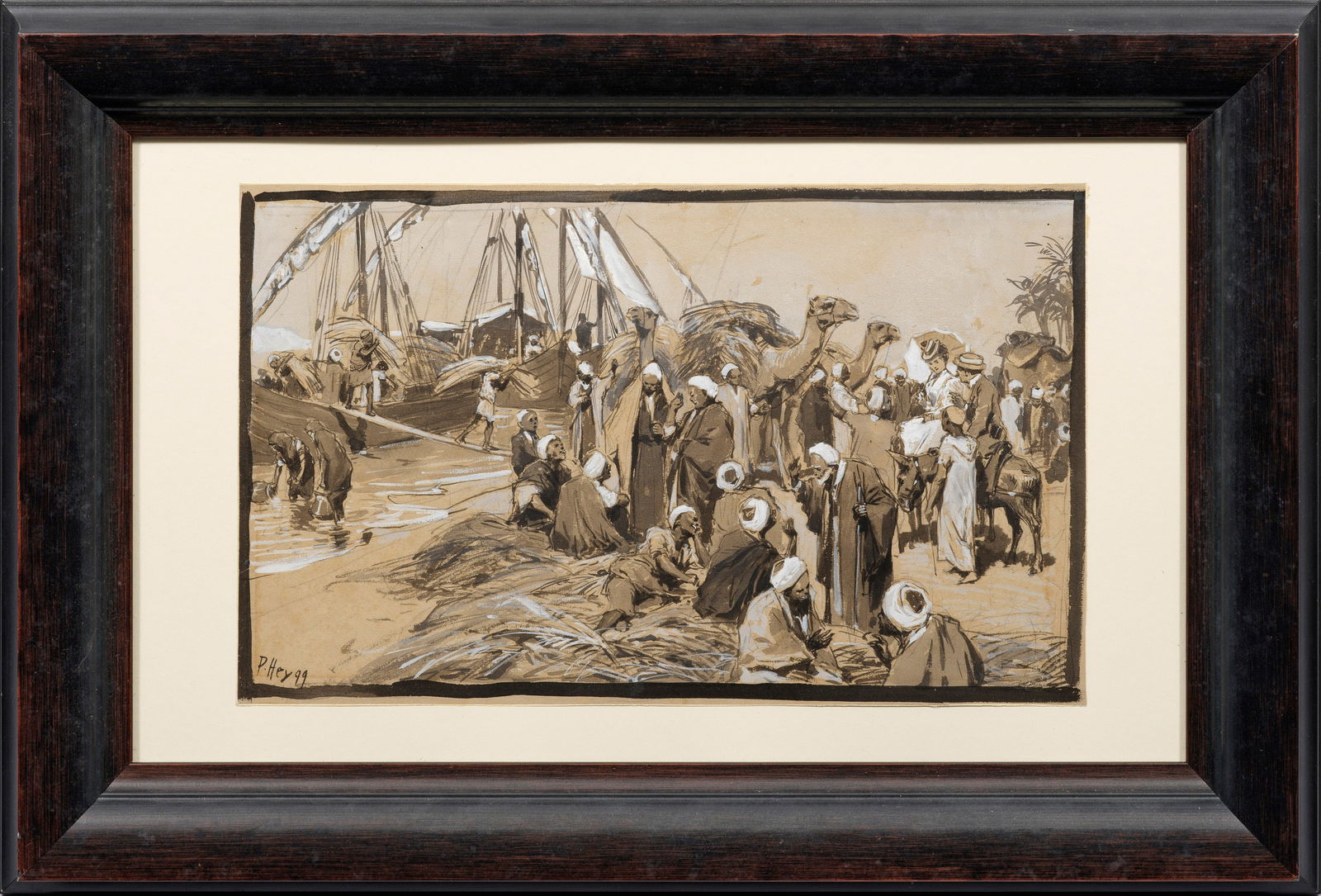 Paul Hey: (1867 München - 1952 ebenda) Markttreiben am Ufer des Nils Heitere, belebte Figurenszene Hoys, der seine Motive auf zahlreichen Studienreisen nach Ägypten, Griechenland sowie Italien, fand. Ausgebil