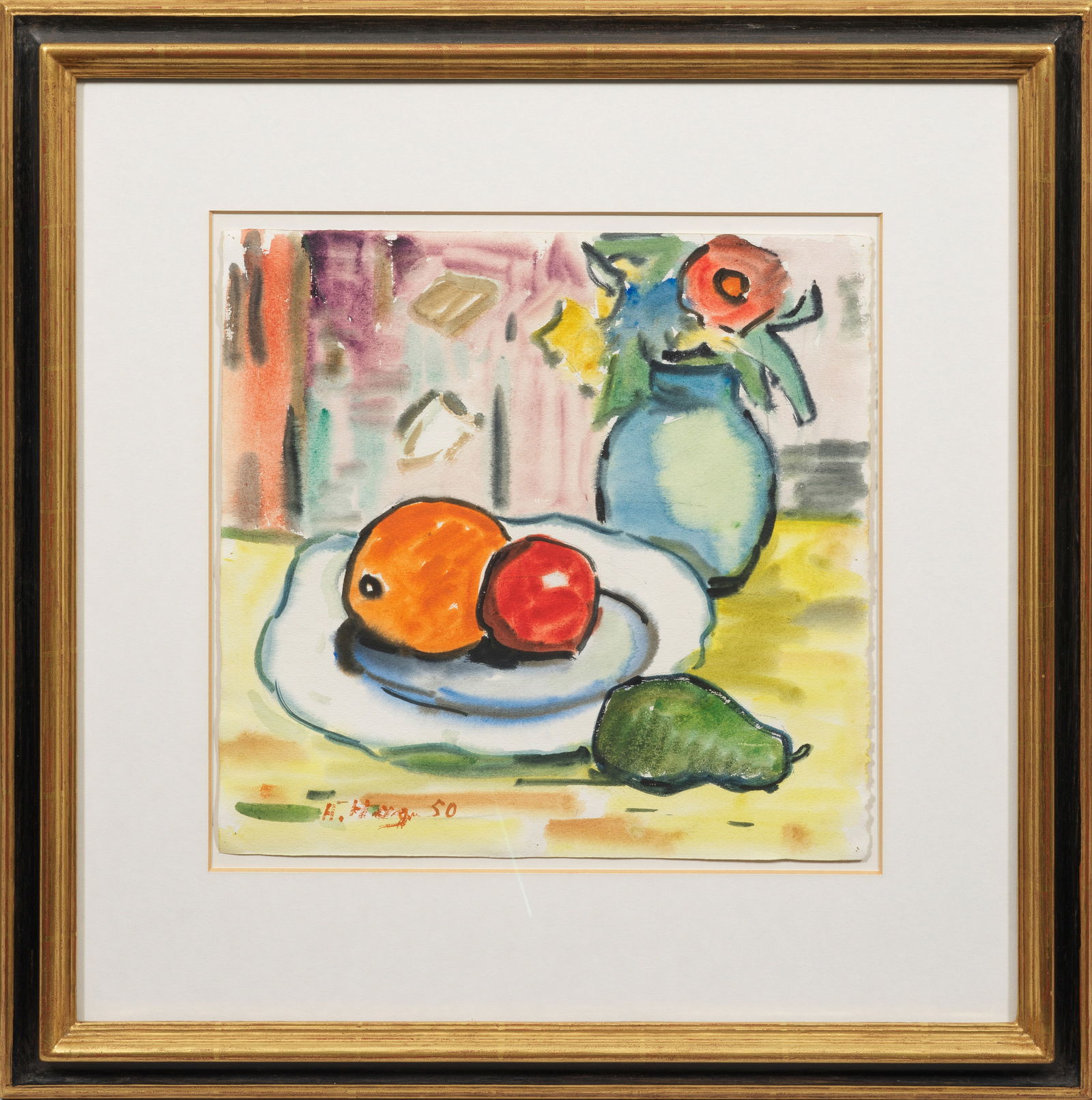 Hans Hagenauer: (1896 Lindenberg im Allgäu - 1975 Oberammergau) Früchte- und Blumenstillleben Expressionistisches, von den "Brücke"-Malern Erich Heckel und Karl Schmidt-Rottluff beeinflusstes Blatt. Hagenauer stud