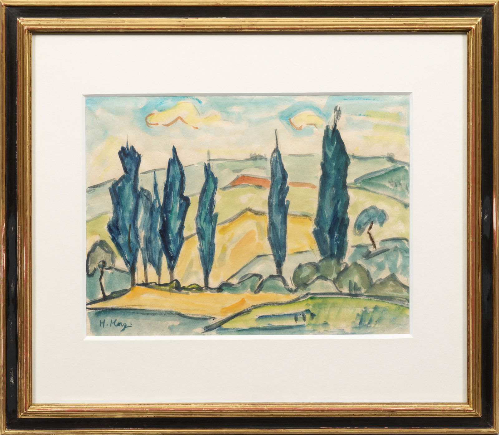 Hans Hagenauer: (1896 Lindenberg im Allgäu - 1975 Oberammergau) Landschaft mit Zypressen Expressionistische, südländische Ansicht mit kräftiger Konturlinie. Hagenauer studierte 1918-1922 an der Stuttgarter Akadem