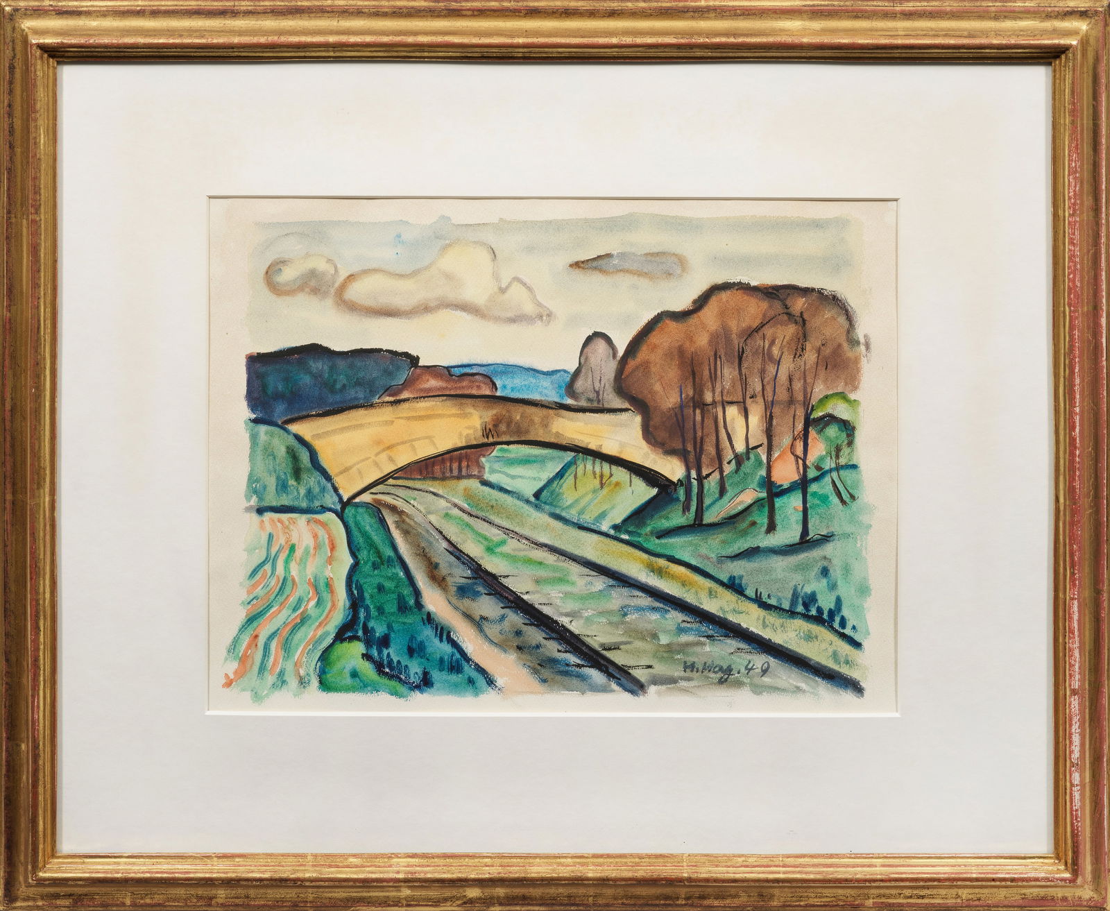 Hans Hagenauer: (1896 Lindenberg im Allgäu - 1975 Oberammergau) Brücke über die Lahn Dunkel konturiertes, expressiv komponiertes Blatt Hagenauers, der 1918-1922 an der Stuttgarter Akademie bei Christian Landenberg