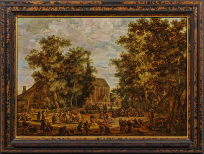 Joost Cornelisz. Droochsloot: (1586 Utrecht - 1666 ebenda) Dorfansicht mit ausgelassenen Bauern zur Kirchweih Blick auf einen von Bäumen umstandenen Platz vor einer Kirche. In vielen Szenen wird erzählerisch das parallel stattfi