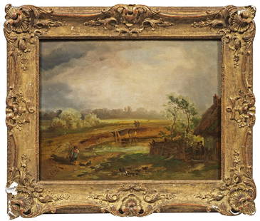Carl Ebert: (1821 Stuttgart - 1885 München) Landschaft mit Dorfidyll Die mit lockerem Duktus gemalte Landschaft zeigt mit seinem temperamentvollen, auf die Gesamtstimmung hin angelegten Stil, den prägenden Einf