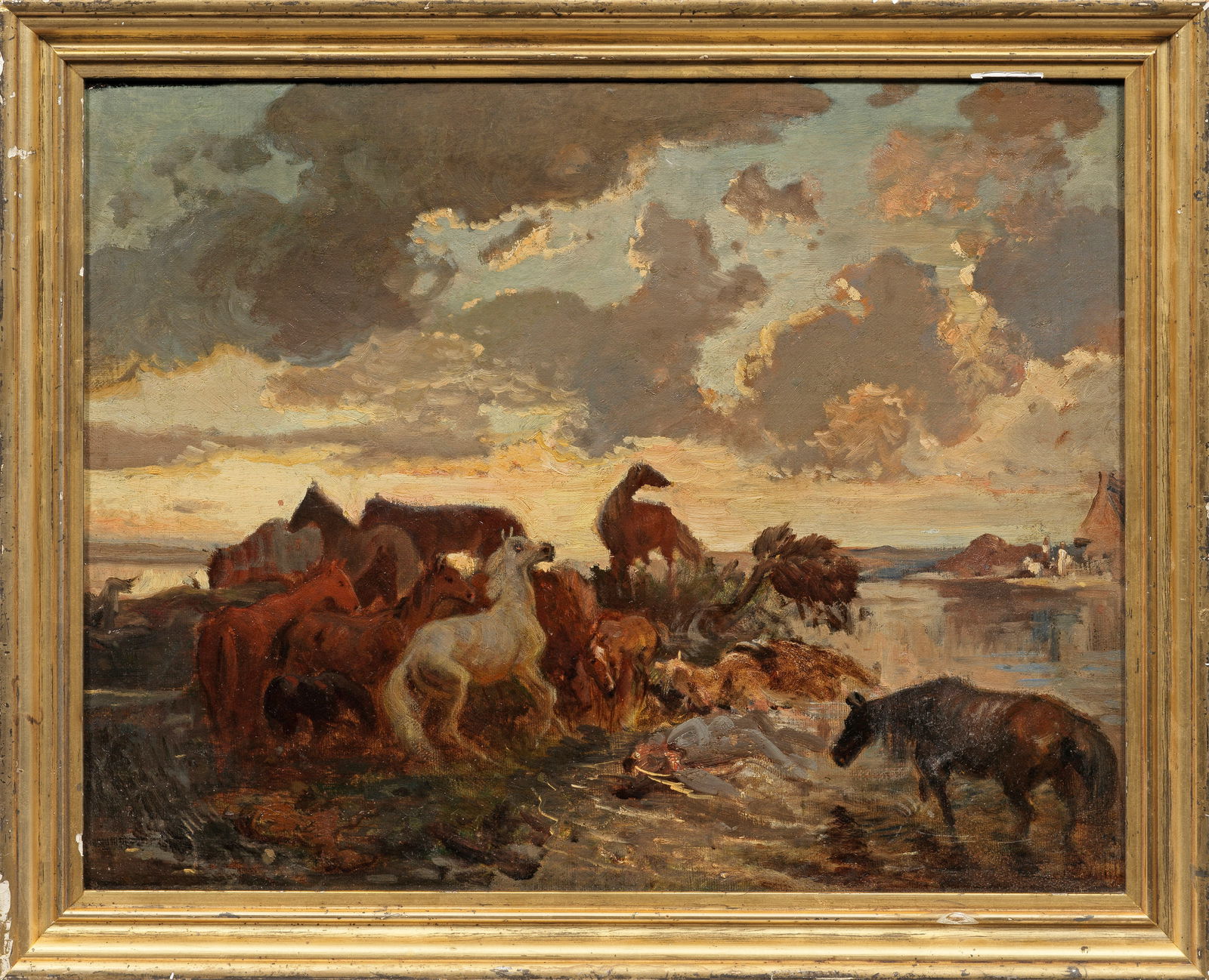 Emil Franz Adam: (1843 München - 1924 ebenda) "Pferde bei einer Überschwemmung in Ungarn". Originaltitel Durch die effektvolle Lichtbehandlung und kontrastreiche Farbwahl äußerst dramatisch inszenierte, dynamische