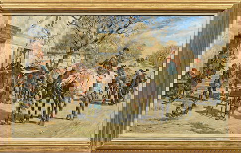Hans Werner Schmidt: (1859 Hamburg - 1950 Weimar) Rast beim "Gasthaus zum goldenen Stern" mit Bauern auf dem Weg zum Pferdemarkt Erzählerisch schildert Schmidt eine Szene vor dem an einer Dorfstraße gelegenen Gasthaus: