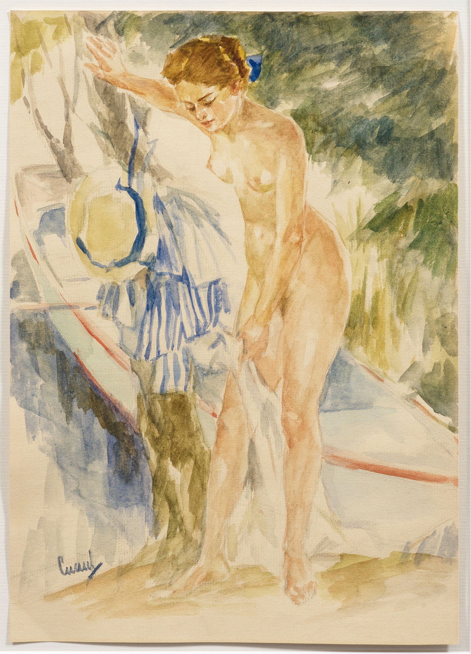 Edward Cucuel: (1875 San Francisco - 1954 Pasadena) Badender weiblicher Akt am Seeufer Am Ufer eines oberbayerischen Sees vor einem Ruderboot stehende, sich gerade mit einem Tuch abtrocknende junge Dame, neben ihr a