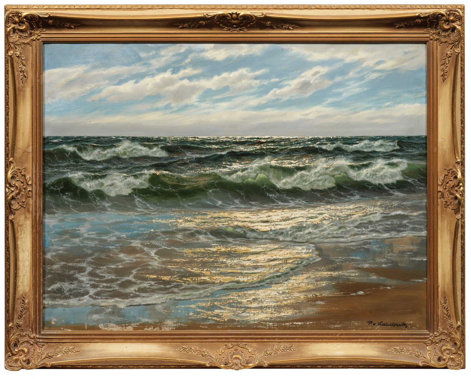 Patrick von Kalckreuth: (1892 Kiel - 1970 Starnberg) Küstenlandschaft mit an den Strand brandenden Wellen Charakteristisches Werk des bekannten Marinemalers, der zeitweilig in Düsseldorf und Berlin tätig war. Bekannt mach