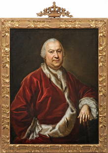 Anton Graff: (1736 Winterhur - 1813 Dresden) attr.; Bildnis eines Fürsten Um 1765 entstandenes, ausdrucksvoll charakterisierendes Hüftporträt des stehenden, älteren, hohen Adeligen in rotem Hermelinmantel, die