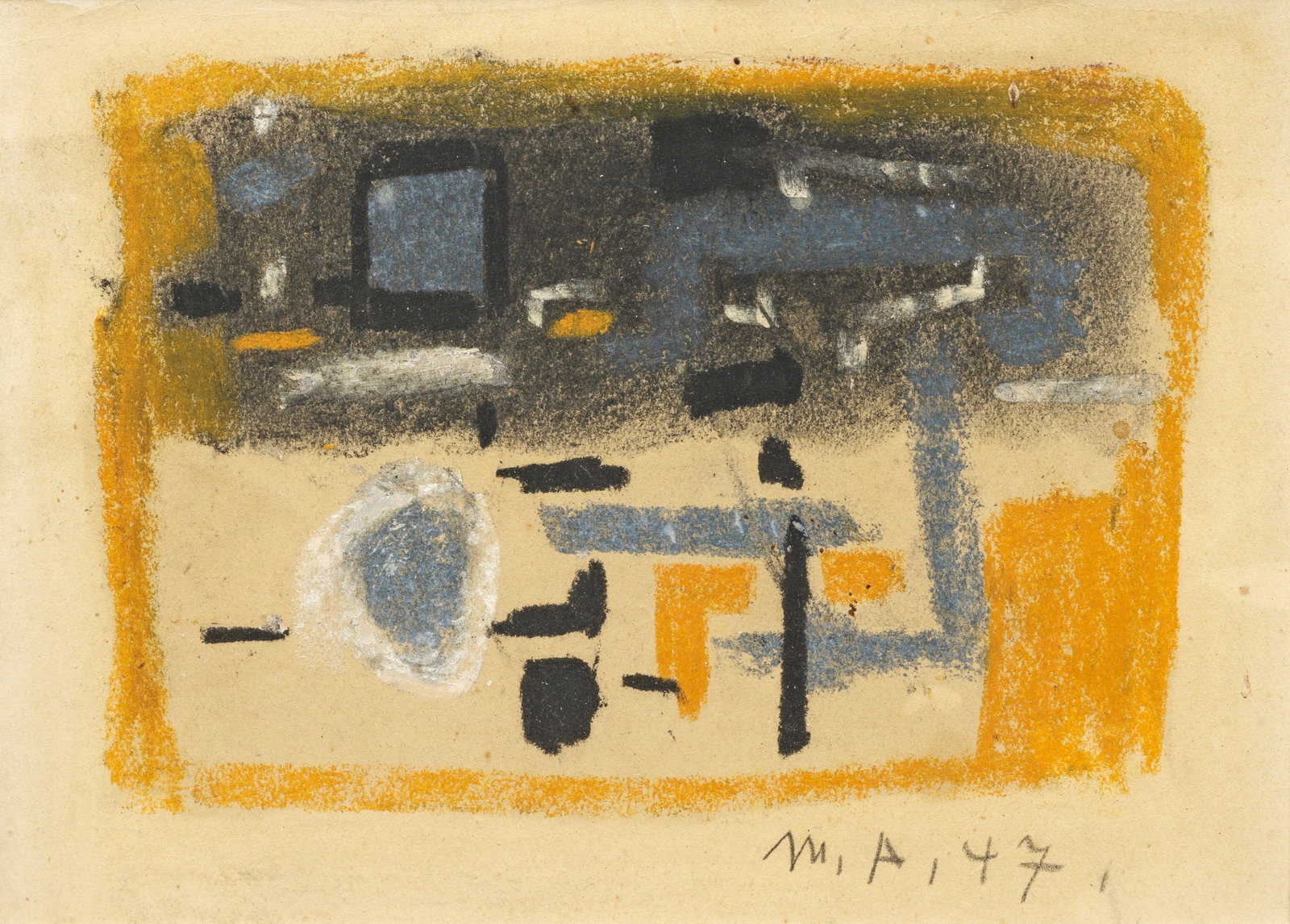 Max Ackermann: (1887 Berlin - 1975 Stuttgart) Ohne Titel (Abstrakte Komposition) Von einem senfgelben Viereck eingefasste, von tiefschwarzen, breiten Strichen und weißen Akzenten auf weichen Grau-Blau-Tönen durchw