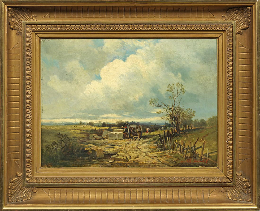 Charles Hoguet: Charles Hoguet (1821 Berlin - 1870 ibid) Wagon with farmers at a quarry in Normandy Realistic work with typical motifs and style by Hoguet, who went to Paris at the age of 18 and became a student of E