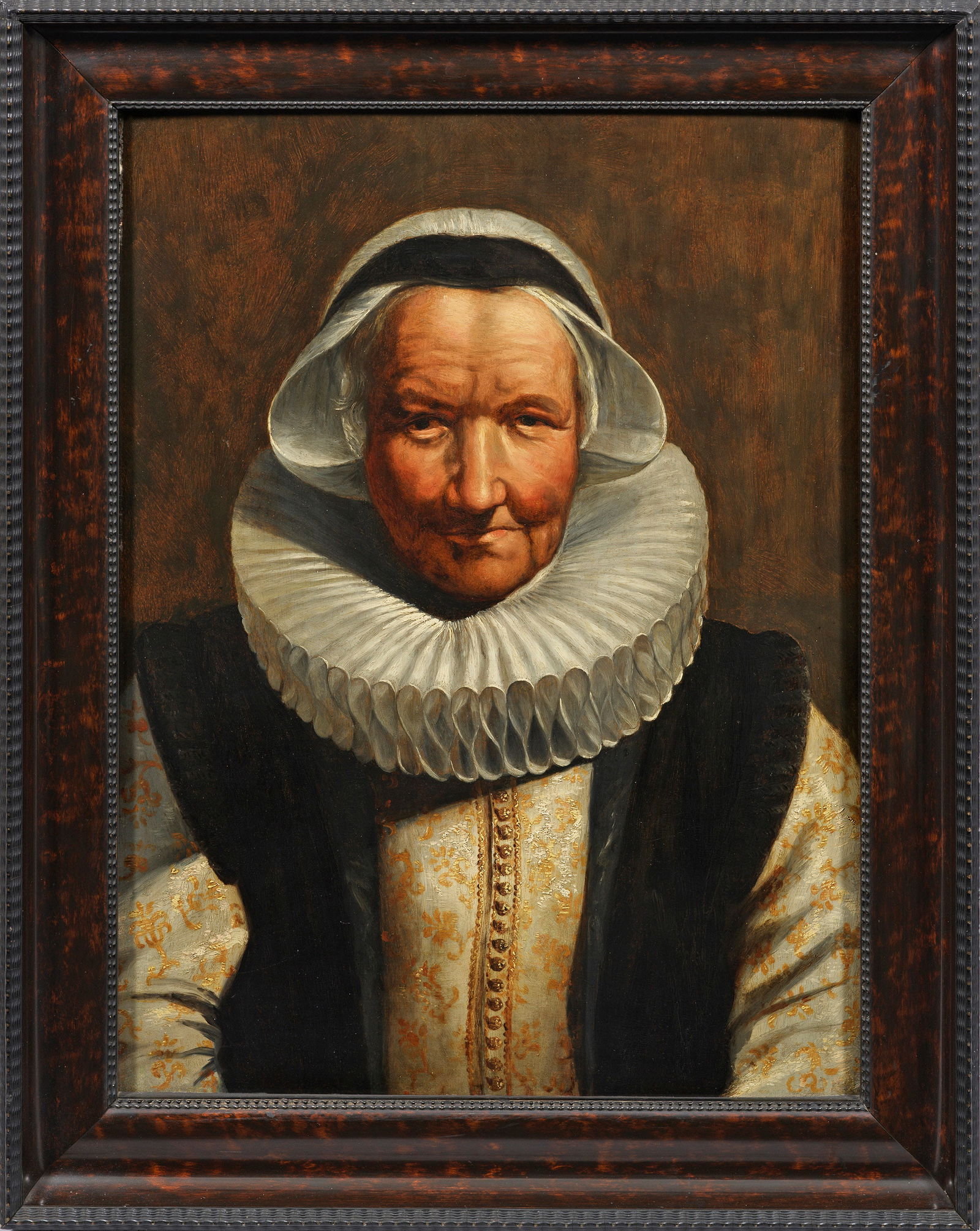 Frans Hals: (Um 1582/83 Antwerpen - 1666 Haarlem) Umkreis Brustporträt einer älteren Dame mit weißer Halskrause Bildnis mit Mühlsteinkragen und weißer, von einer schwarzen Schleife gehaltenen Haube, über de