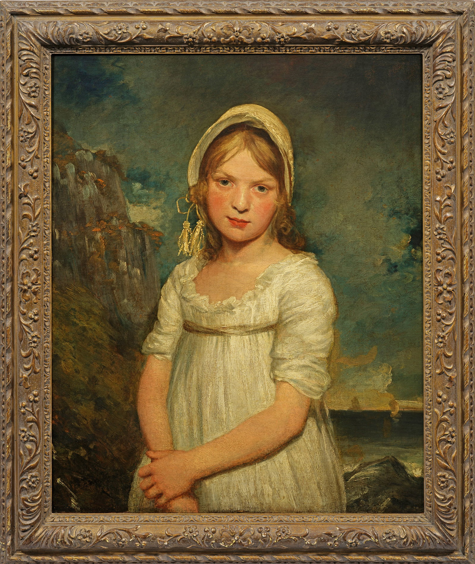 John Constable: (1776 East Bergholt/Suffolk - 1837 London-Hampstead) Umkreis Mädchen am Meer Hüftbildnis eines stehenden, blonden Mädchens in weißem Kleid und Haube, die Hände vor dem Bauch verschränkt, im Hint