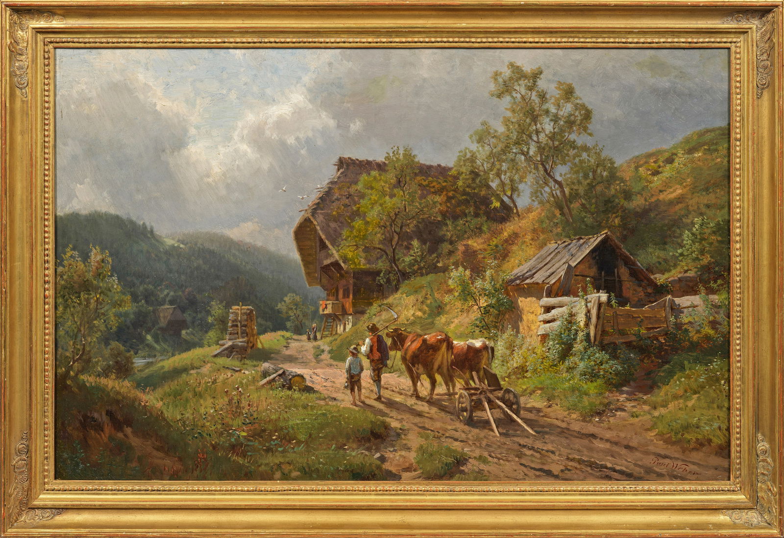 Paul Weber: (1823 Darmstadt - 1916 München) Gebirgslandschaft mit heimkehrendem Bauern und seinem Sohn Sommerliche, subtil eingefangene Landschaft mit mächtigem, altem Bauernhof. Paul Weber gehört zu den bedeu