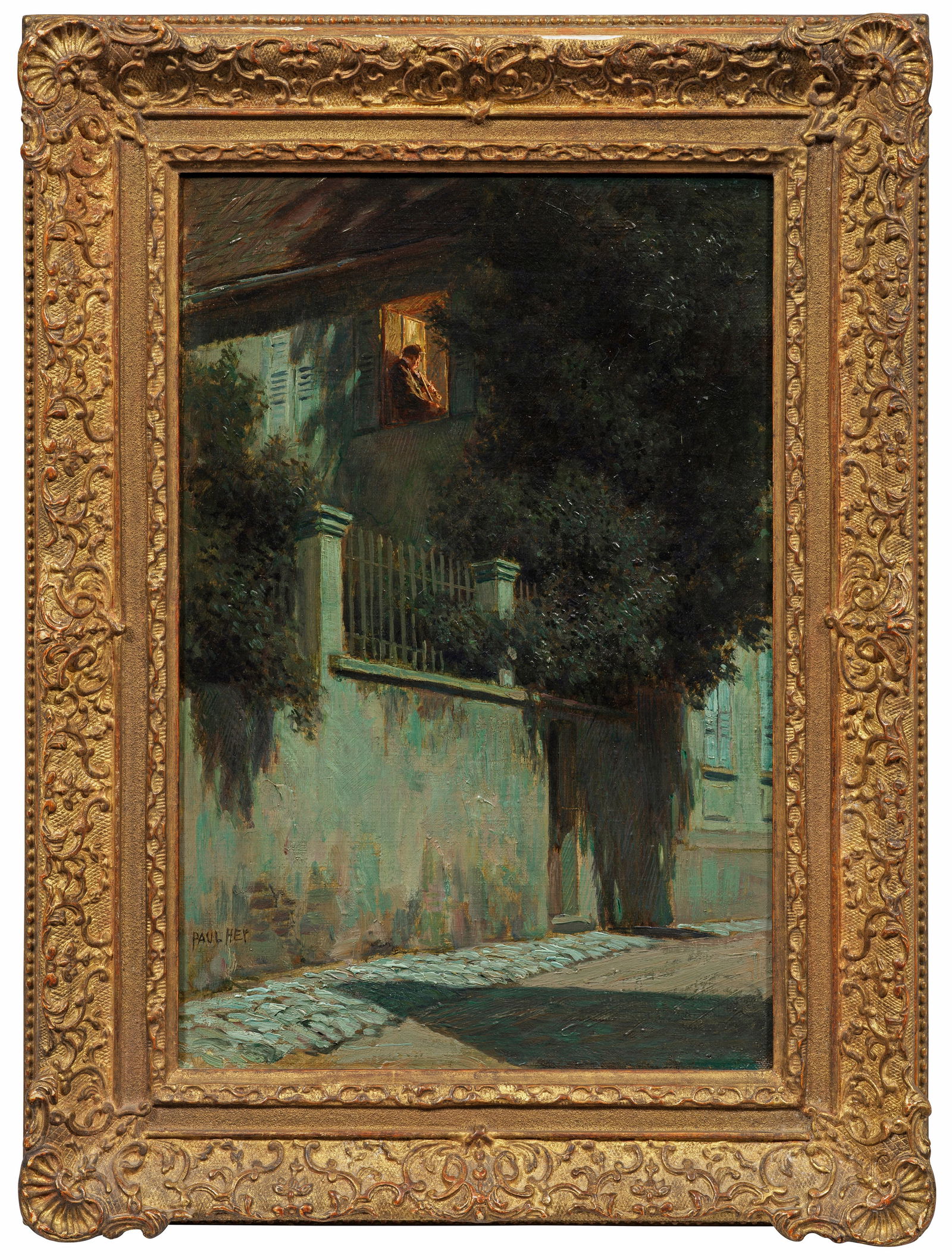 Paul Hey: (1867 München - 1952 Gauting) "Mondnacht". Originaltitel Impressionistisch aufgefasste Jugendstil-Darstellung mit Blick auf ein vom Mondlicht beschienenes Haus, in dem ein junger Mann am offenen, hel