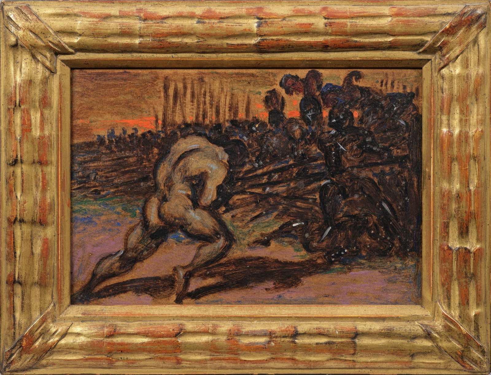 Adolf Frey-Moock: (1881 Jona/Kanton Sankt Gallen - 1954 Egnach/Kanton Thurgau) Symbolistische Schlachtenszene zwischen athletischem männlichen Akt und einer Schar mittelalterlicher Ritter mit Lanzen Der Schweizer Male