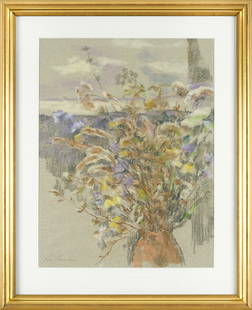 Lotte Laserstein: (1898 Preußisch-Holland - 1993 Kalmar/Schweden) Der Blumenstrauß am Fenster In pastelltonigem Kolorit und lockerem Duktus komponiertes, reizvolles Stillleben aus dem späten Oeuvre der bedeutenden d