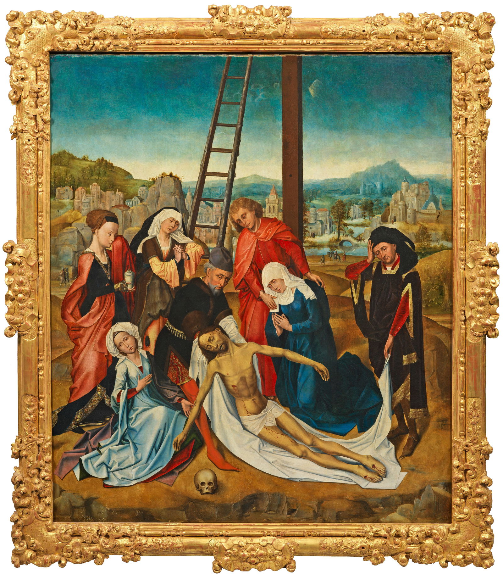 Rogier van der Weyden: (1399/1400 Tournai/Flandern - 1464 Brüssel) Nachfolger, wohl tätig 2. Hälfte 15. bis Anfang 16. Jh. Beweinung Christi Das vorliegende Gemälde basiert auf dem bekannten Gemälde im Mauritshuis in D