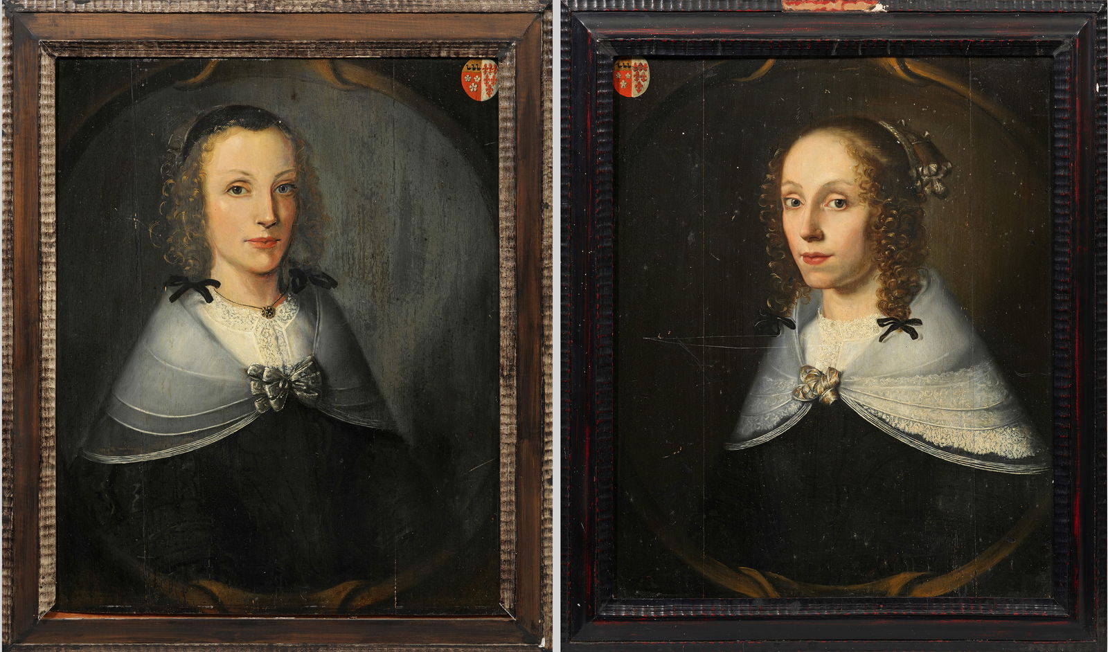 Adriaen Hanneman: (Tätig im 17. Jh.) Umkreis Paar Brustbildnisse zweier junger adeliger Damen mit Wappen Gegenstücke. Kompositionen mit illusionistischem, ovalem Bildausschnitt, die repräsentativen Porträts in der