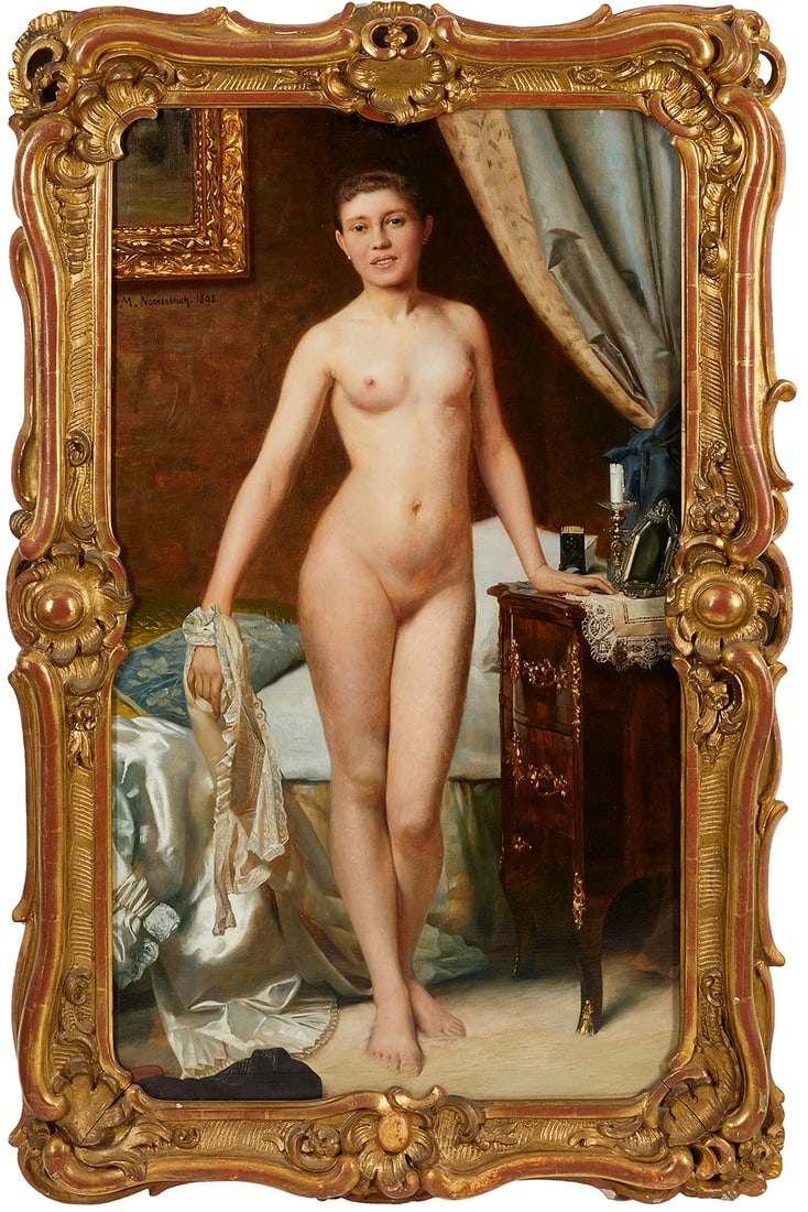 Max Nonnenbruch: (1857 Viersen - 1922 München) Mädchenakt im Boudoir In einem Interieur vor ihrem Bett stehender Mädchenakt mit einem Spitzentuch. Daneben auf einem Nachtschränkchen ein Spiegel und eine erloschene