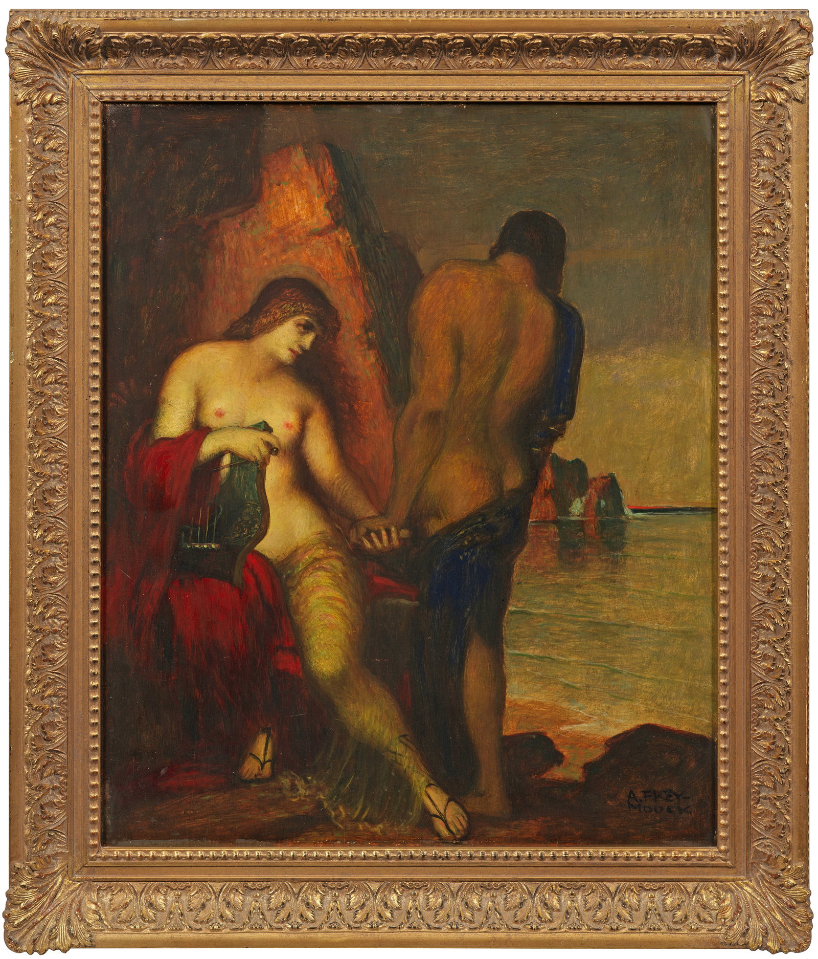 Adolf Frey-Moock: (1881 Jona/Kanton Sankt Gallen - 1954 Egnach/Kanton Thurgau) "Odysseus und Kalypso". Originaltitel Szene aus der griechischen Mythologie am Gestade des Mittelmeeres: Die Nymphe Kalypso hatte den Helde