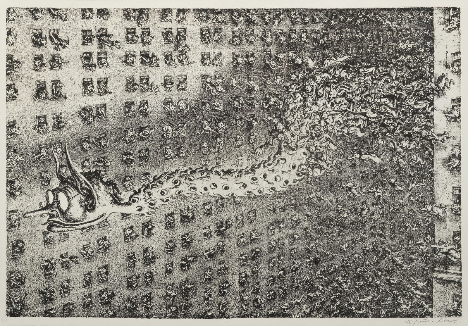 A. Paul Weber: (1893 Arnstadt/Thüringen - 1980 Schretstaken/Herzogtum Lauenburg) "Das Gerücht (I)". Originaltitel Lithographie/Velin, 1969. R. u. sign.; Clan-Pressestempel. Zweite, fast identische Fassung der 1953