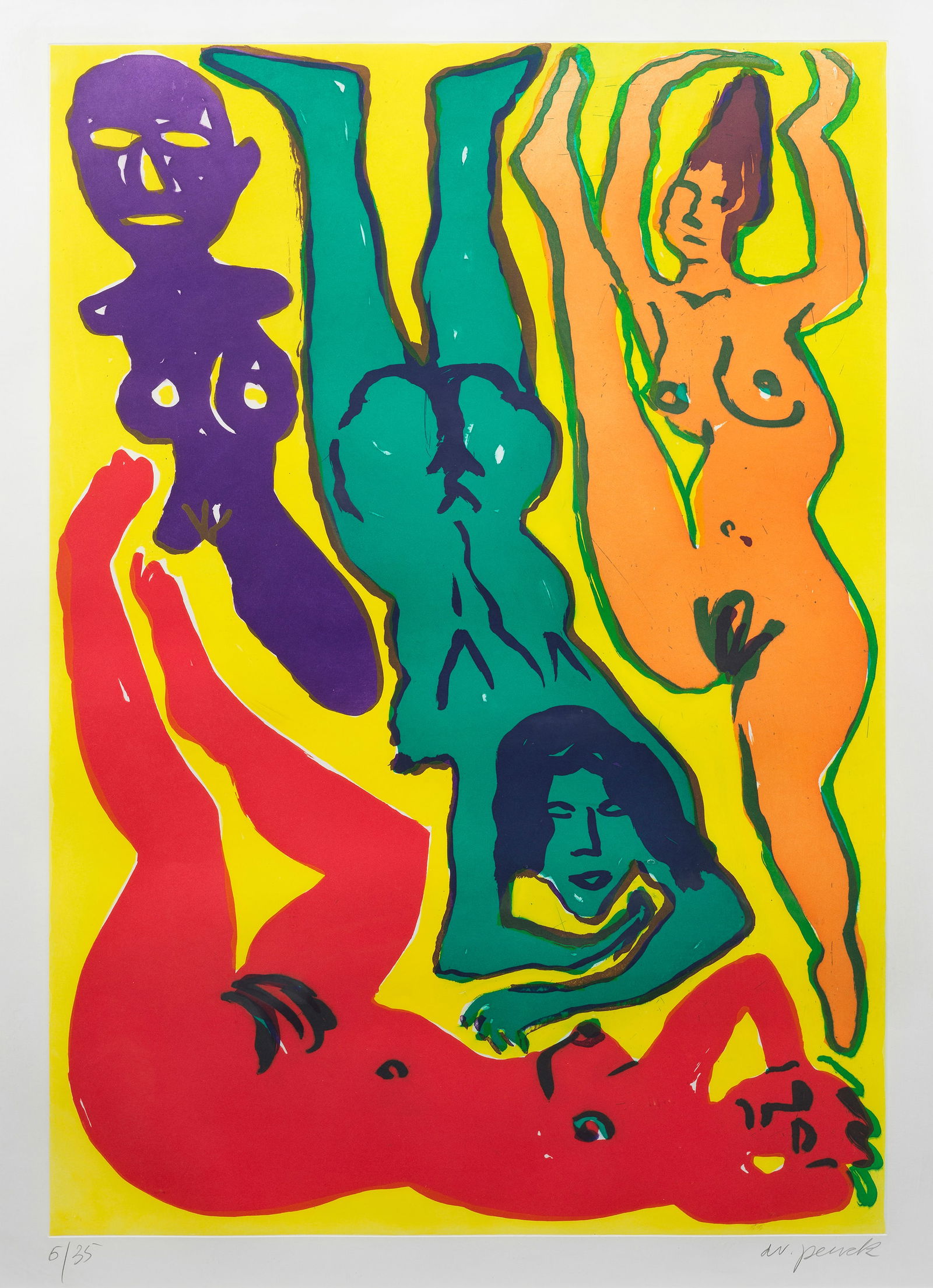 A. R. Penck: (1939 Dresden - 2017 Zürich) Drei Frauen mit Dämon Farbaquatinta/Bütten, 1989. Sign. und nummer. 6/35. Flächig angelegte, durch expressive, leuchtende Farbkontraste mit breiter, dunkler Konturlini