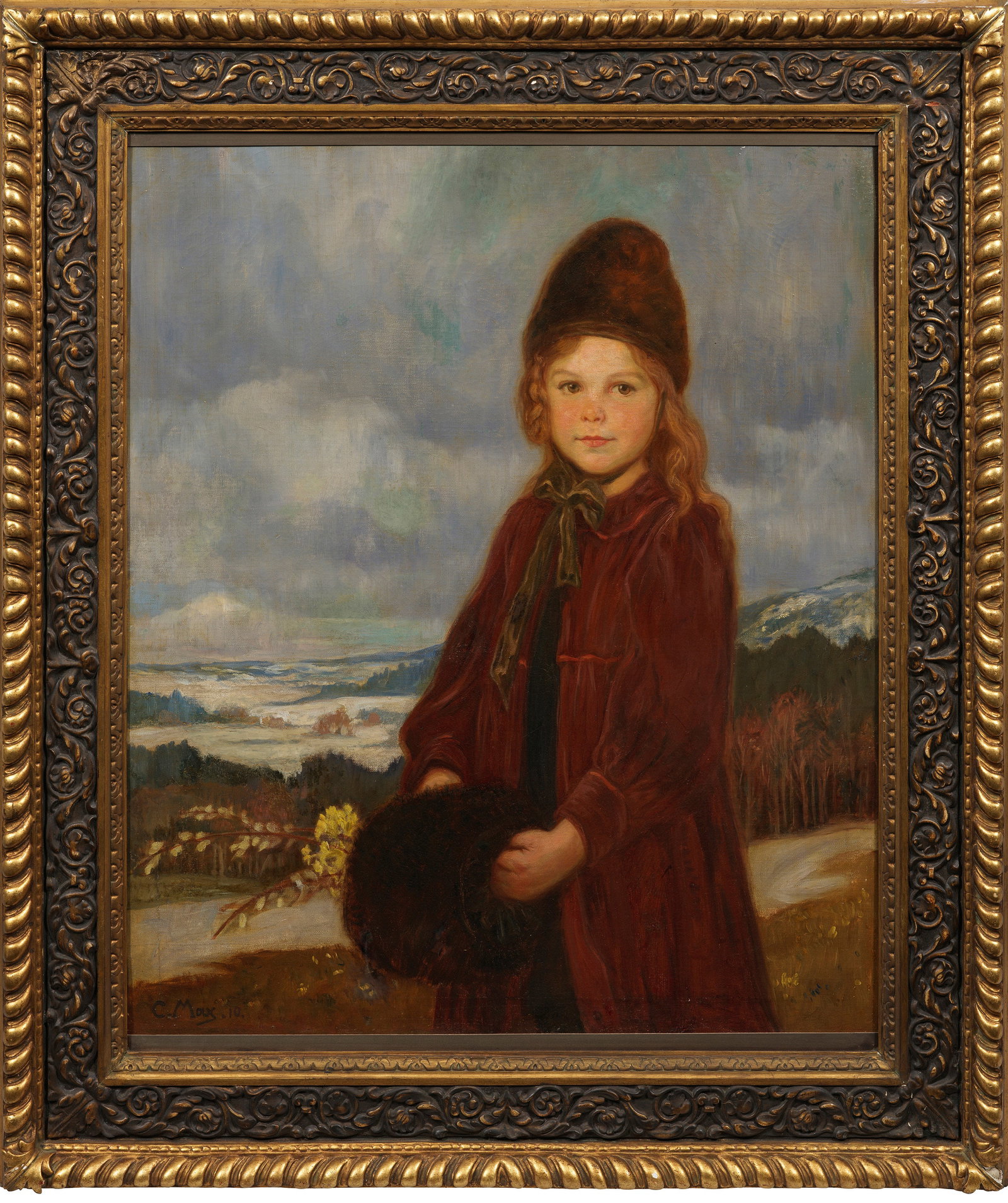 Corneille Max: (1875 München - 1924 ebenda) Bildnis eines Mädchens vor spätwinterlicher oberbayrischer Landschaft Reizvolles, mit weichem Schmelz gemaltes, einfühlsames Dreiviertelporträt eines blonden Mädchen