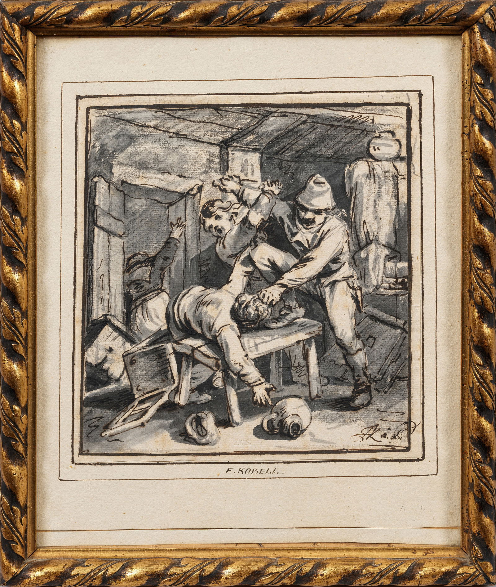 Ferdinand Kobell: (1740 Mannheim - 1799 München) Wirtshausrauferei Bewegte, mit kräftiger Kontur skizzierte Genreszene in der Tradition der niederländischen Genremaler des 17. Jhs.; Tuschfederzeichnung, in Grau lavi