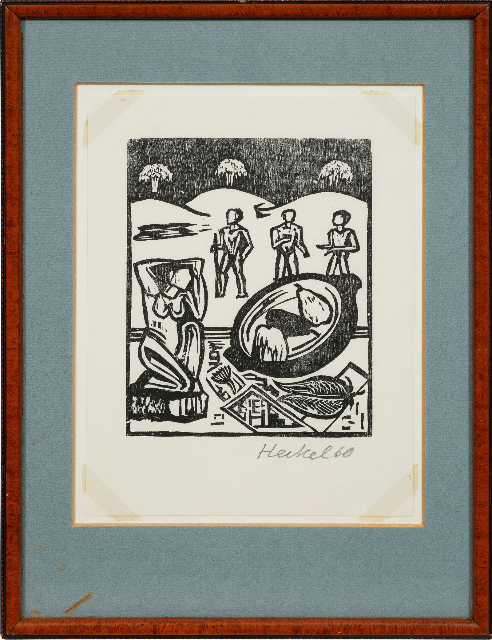 Erich Heckel: (1883 Döbeln - 1970 Radolfzell) "Stillleben mit Holzfiguren". Originaltitel Holzschnitt/Whatman-Bütten. Sign. und datiert (19)60. Wvz. Dube 432c; Darstellung ca. 15,4 cm x 12 cm. Vergilbungen. Rahme