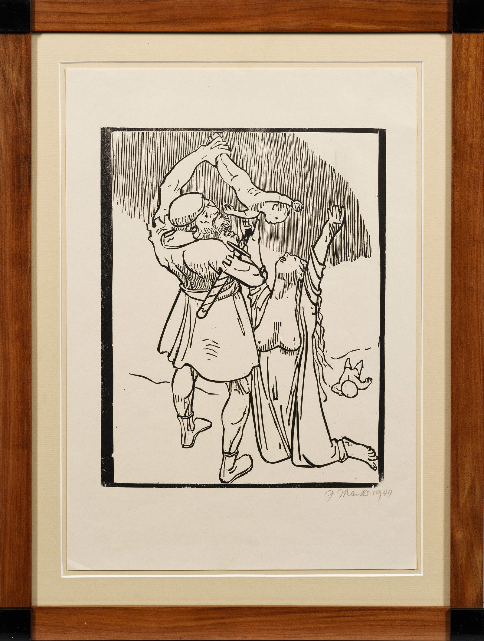 Gerhard Marcks: (1889 Berlin - 1981 Burgbrohl/Eifel) "Kindermord". Originaltitel Holzschnitt/Papier, 1944. R. u. sign. und dat. (19)44. Darstellung 30,2 cm x 24,2 cm. Blatt 42,2 cm x 30 cm. Rahmen. Woodcut on paper,