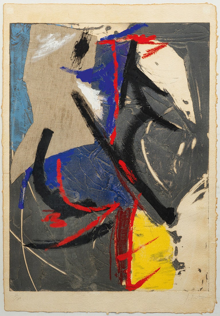 Jean Miotte: (1926 Paris - 2016 Pignans) Ohne Titel (Abstrakte Komposition) Acryl u. Collage (m. Leinen) über Carborundum u. Prägedruck/festes Bütten, um 1980. Sign. u. nummeriert 36/100. Dynamische, farbintens