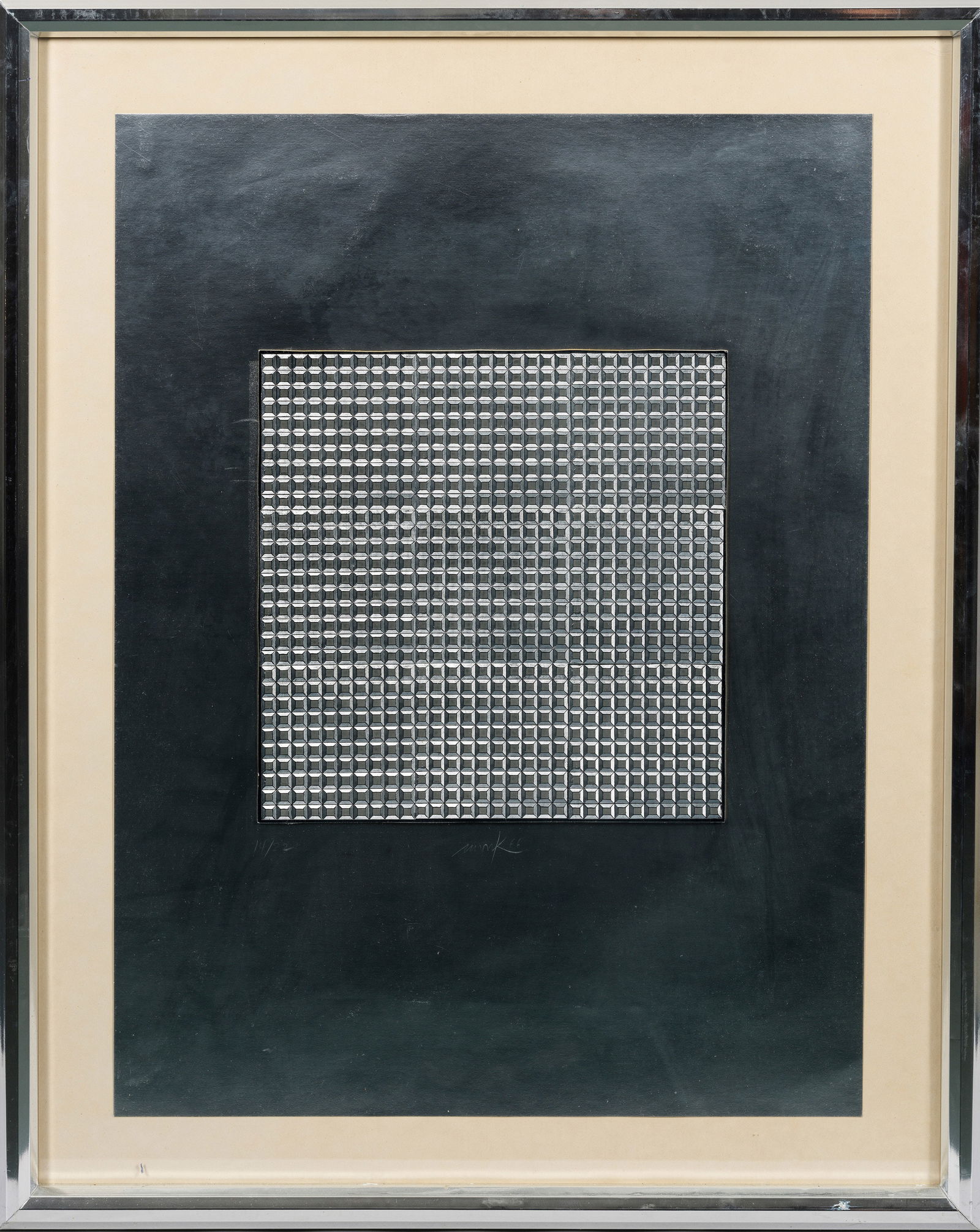 Heinz Mack: (Geb. 1931 Lollar; Ansässig in Mönchengladbach und auf Ibiza) Ohne Titel Prägedruck/Aluminiumkarton, kaschiert auf silberfarbenes Papier. Auf dem Unterlegpapier sign., dat. (19)66 und nummeriert 14