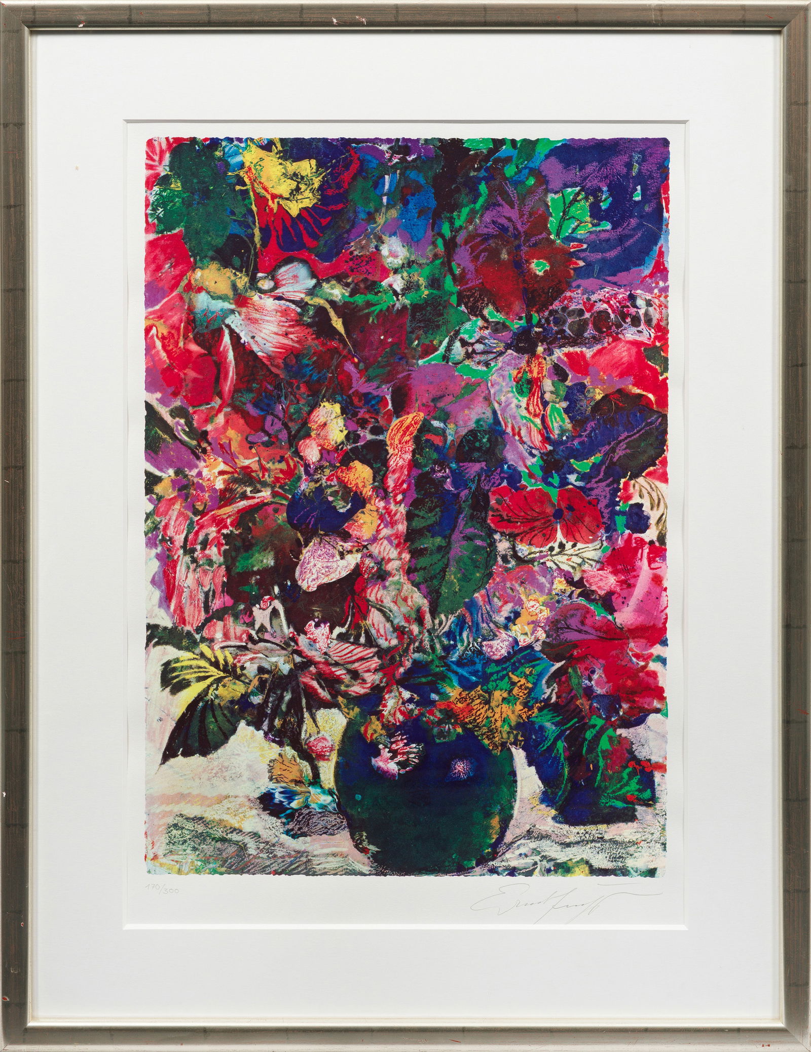 Ernst Fuchs: (1930 Wien - 2015 ebenda) "Blütenfeuerwerk". Originaltitel Farblithographie/Velin. Sign. u. nummeriert 170/300. Darstellung 64 cm x 44,5 cm. Rahmen. Lithograph in colours on wove paper. Hand-signed a