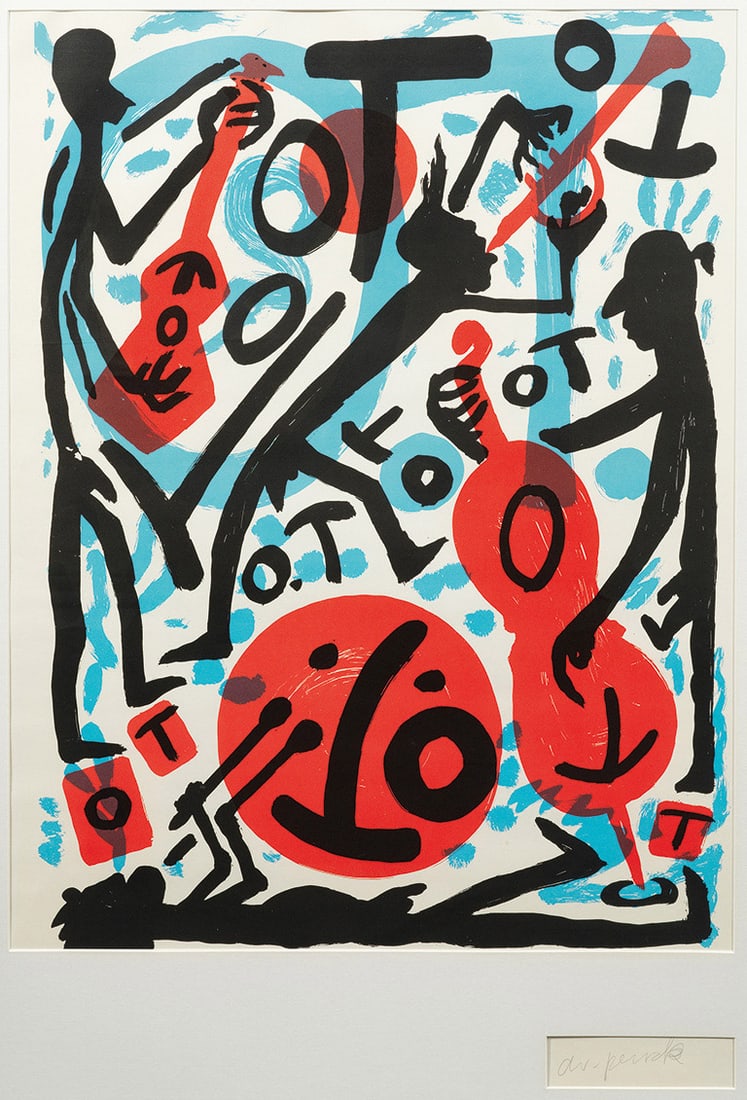 A. R. Penck: (1939 Dresden - 2017 Zürich) Jazz-Combo Farbserigraphie/Papier, 1993 oder 1999. Sign.; Die Komposition diente 1993 mit Text auch als Plakat für die Penck-Ausstellung in der Galerie Jaeschke in Braun