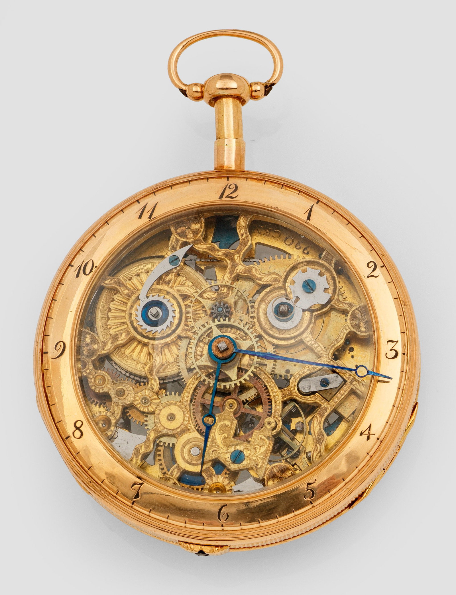Seltene doppelseitige Skeleton-Taschenuhr: Um 1800. Roségold, 18 k. Beidseitig verglastes Uhrengehäuse. Skelettiertes Zifferblatt mit Ziffernring aus arabischen Zahlen und gebläuten Breguet-Zeigern. Spindelwerk mit Schlüsselaufzug, Kette u